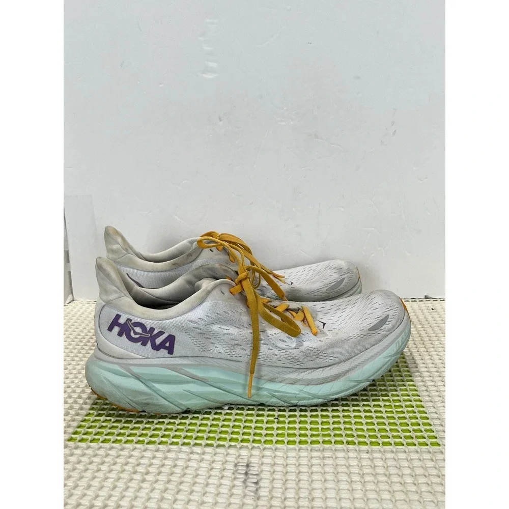 Hoka One One Clifton 8 Running Shoes Women's 9.5 White Blue Yellow 1119394 BDBW